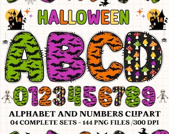 Halloween alphabet clipart PNG. 4 styles with halloween cliparts. halloween alphabet letters,halloween png cliparts, numbers clipart png