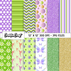 Puede incluir: Paquete de papel digital con 12 patrones diferentes en verde, morado y dorado. Los patrones incluyen lunares, rayas, chevron, estrellas, hadas, purpurina y margaritas. El texto "12" x "12" 300 DPI - ARCHIVOS JPG" está en la parte superior de la imagen.