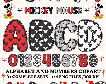 Mickey Mouse alphabet clipart PNG. 4 styles with mickey mouse cliparts. mickey alphabet letters, mickey png cliparts, numbers clipart png