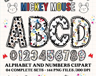 Mickey Mouse alphabet clipart PNG. 4 styles with mickey mouse cliparts. mickey alphabet letters, mickey png cliparts, numbers clipart png