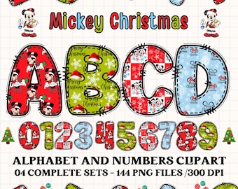 Può includere: Un set di clipart digitali con le parole "Mickey Christmas" sopra le lettere A, B, C e D e i numeri da 0 a 9. Le lettere e i numeri sono decorati con Topolino, fiocchi di neve e cappelli natalizi. È incluso anche il testo "ALPHABET AND NUMBERS CUPART".