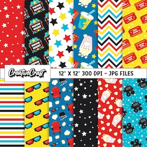 Puede incluir: Un conjunto de 10 diseños de papel digital con temas de noche de cine. Los diseños incluyen estrellas, palomitas de maíz, entradas de cine, gafas 3D y una claqueta de cine. Los papeles son de 30,48 cm por 30,48 cm y 300 DPI.