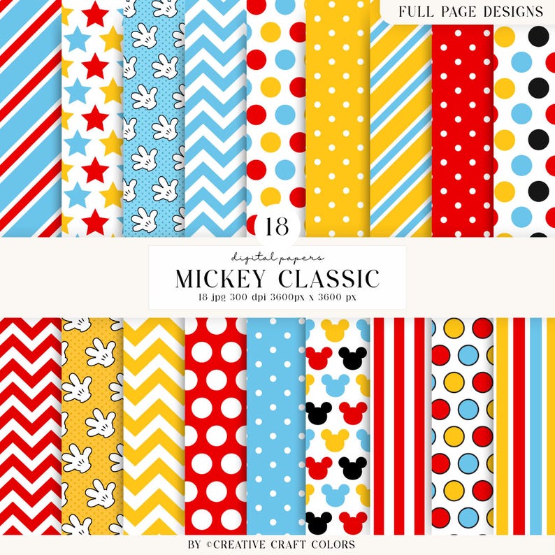 20 Papeles Digitales Mickey el Ratón 300 DPI Máxima Calidad, scrapbooking mickey, diseños papeles imprimibles mickey, descarga instantánea imagen 1