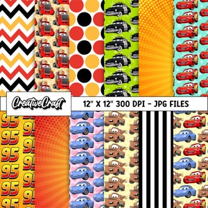May include: Digital paper pack with 10 different patterns featuring cartoon cars in red, blue, brown, and green. The patterns include polka dots, stripes, zigzags, and a comic book style background. The text "Creative Craft" and "12" x "12" 300 DPI - JPG FILES" is included in the image.