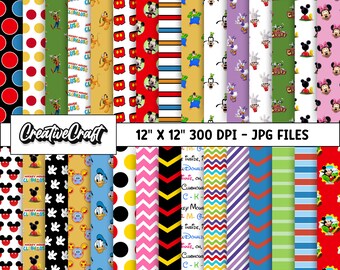 Könnte beinhalten: Ein Set mit 20 digitalen Papieren mit Mickey Mouse Clubhouse-Charakteren und Mustern. Die Papiere sind 30,5 cm x 30,5 cm groß und haben eine Auflösung von 300 DPI. Die Papiere beinhalten Punkte, Streifen, Zickzackmuster und Mickey Mouse Clubhouse-Charaktere.