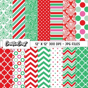 Könnte beinhalten: Digitales Papierpaket mit 12 roten, grünen und weißen Mustern. Die Muster umfassen Punkte, Streifen, Zickzack und Damast. Das Paket ist 30,5 cm x 30,5 cm groß und hat 300 DPI. JPG-Dateien.