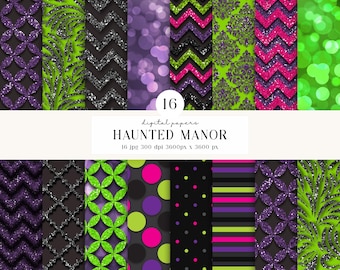 May include: A collection of 16 digital papers titled HAUNTED MANOR featuring various patterns including glittery chevrons, damask, polka dots, stripes, and floral motifs in vibrant shades of lime green, bright purple, hot pink, and black.