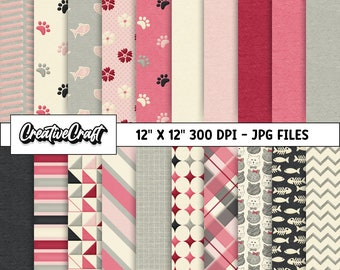 May include: A set of 12 digital paper patterns in pink, gray, and black. The patterns include stripes, polka dots, paw prints, fish, and geometric shapes. The papers are 12 inches by 12 inches and 300 DPI.  "CreativeCraft" and "12" x 12" 300 DPI - JPG FILES" are printed on the image.
