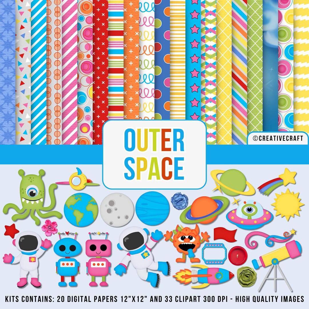 Outer Space Digital Papers and Clipart Bundle, Kids Space Theme ...