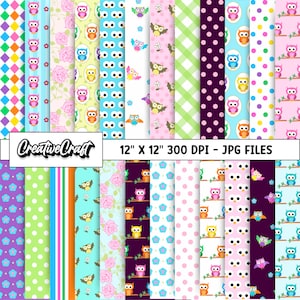 24 documenti digitali gufo 300 DPI massima qualità, scrapbooking gufo, disegni di carta stampabile gufo, download istantaneo, fiori
