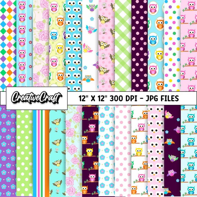 24 Owl Digital Papers 300 DPI Maximum Quality, Owl Scrapbooking, Owl ...