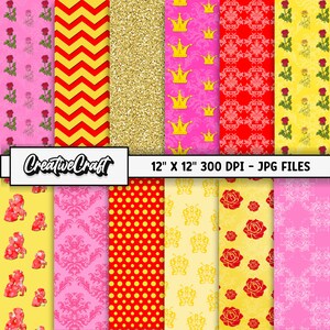 12 Beauty and Beast Digital Papers 300 DPI Maximum Quality, princess scrapbooking, beauty and beast printables designs, instant download