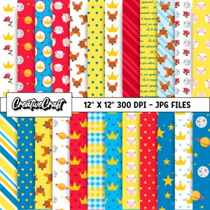 Puede incluir: Un conjunto de 12 diseños de papel digital con una variedad de patrones, incluyendo estrellas, coronas, ovejas, zorros, planetas y rayas. Los papeles están en una combinación de colores rojo, amarillo, azul y blanco. Los papeles son de 30,48 cm por 30,48 cm y 300 DPI. Archivos JPG.