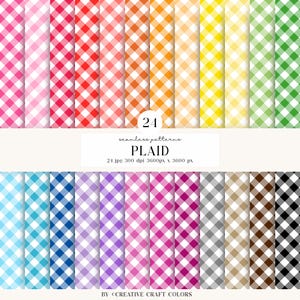 May include: A collection of 24 seamless plaid patterns in various colors including pink, red, orange, yellow, green, blue, purple, gray, brown, and black. The text reads 24 seamless patterns PLAID 24 jpg 300 dpi 3600px x 3600 px BY CREATIVE CRAFT COLORS.