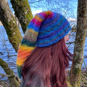 Op de afbeelding: Een kleurrijke, langstaartige gebreide muts in tinten blauw, paars, geel, oranje en groen. De muts wordt buiten gedragen, met een waterachtergrond en boomstammen in beeld. Het ontwerp van de muts is een mix van levendige kleuren.