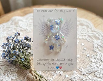Forget Me Not Flower resin Pocket Hug Bear: Sympathy Gift, infant loss, miscarriage gift