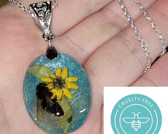 Real Sunflower & Bee Pendant Necklace: Shimmering Resin, Sterling Silver Plated Chain