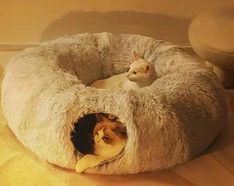 Fluffy Cat Tunnel Bed | Cozy Cat Cave | Cat Furniture | Pet Bed | Large Cats Bed | Cotton Cat Cave | Plush Cat