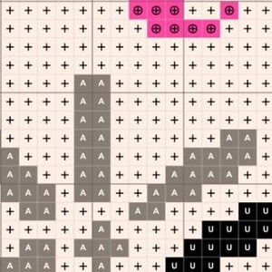 May include: Close-up of a cross-stitch pattern with a grid of plus signs and letters. The letters "A" and "U" are visible, along with pink circles. The background is a light beige color.