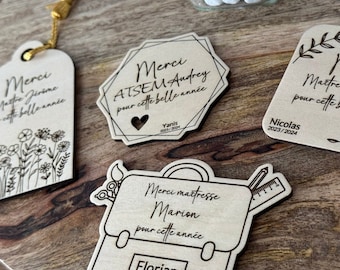 Magnet Carte de remerciement en bois à personnaliser - Merci Maîtresse, Merci Maître, ATSEM, AESH - Cadeau de fin d'année scolaire