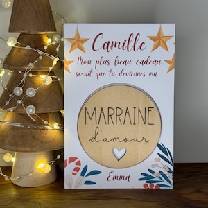 Magnet en bois personnalisé avec carte + enveloppe cadeau - Demande surprise Cadeau Noël Parrain Marraine - Annonce grossesse