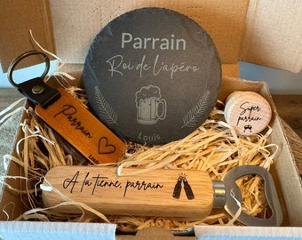 Coffret cadeau personnalisé - Décapsuleur, porte-clé, bouchon, dessous de verre - Box Cadeau parrain, marraine, fête des pères