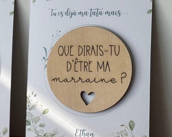 Magnet en bois personnalisé avec carte + enveloppe cadeau - Demande surprise Parrain Marraine - Annonce grossesse - Cadeau baptême Communion