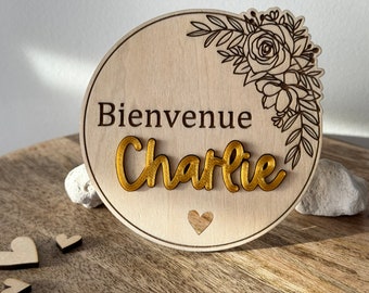 Carte annonce naissance en bois - Couleur au choix - Magnet en option - Prénom bébé - Cadeau naissance, déco bébé. faire part