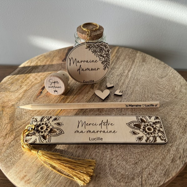 Personalized gift box - Bookmark, key ring, cork stopper, pencil - Godmother, godfather gift, Father's Day, Mother's Day