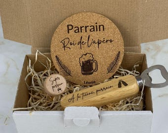 Coffret cadeau personnalisé - Décapsuleur, bouchon, dessous de verre - Box Cadeau parrain, marraine, fête des pères, fête des mères