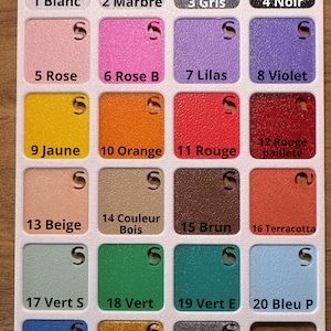 May include: A color chart with 23 different paint colors, labeled with numbers and French names. The colors include white, black, gray, pink, purple, yellow, orange, red, beige, brown, green, blue, gold, and silver.