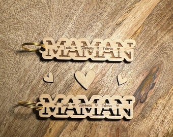 Porte-clés en bois à personnaliser - Mot Maman et prénoms des enfants - Cadeau fête des mères