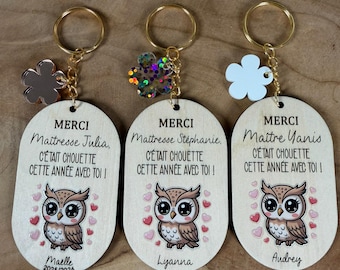 Llavero de madera personalizado con forma de búho, Gracias Profesor, Gracias Auxiliar, Auxiliar Docente - Regalo de fin de curso