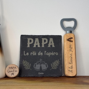 Coffret cadeau personnalisé - Décapsuleur, bouchon, dessous de verre - Cadeau papa, parrain, marraine, fête des pères, fête des mères