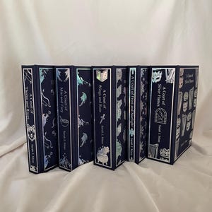 Può includere: Una collezione di libri con copertina rigida con copertine blu scuro e dettagli argentati. I titoli includono "A Court of Thorns and Roses", "A Court of Mist and Fury" e "A Court of Silver Flames".