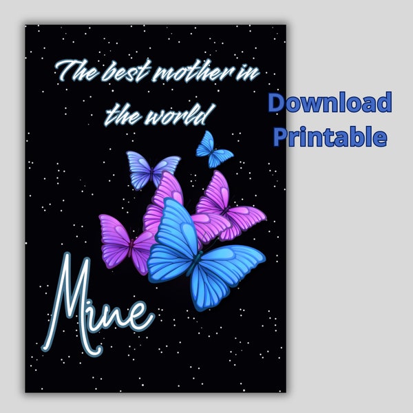 Elegante tarjeta del día de la madre con mariposa lila azul para mamá, la mejor mamá de todos los tiempos, regalo especial para mamá