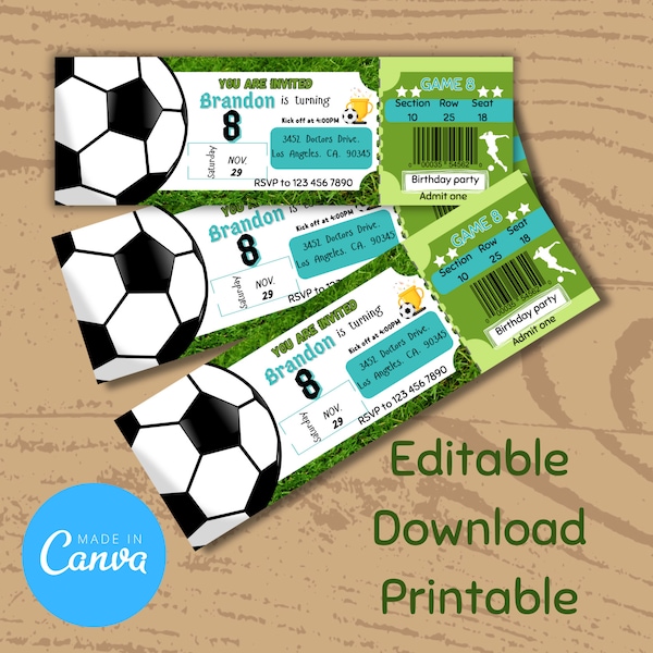 Printable Editable Soccer Ticket Birthday Invitation, Soccer Party Invitation Instant Download, Soccer Ball