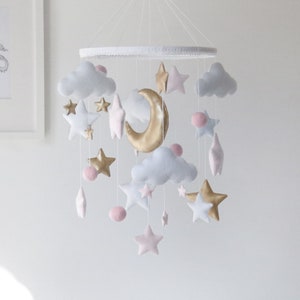 Gold Pink Mobile Moon Stars Mobile Pink Stars Clouds Baby Mobile Pink Nursery Decor Gold Crib Mobile Celestial Nursery Mobile Girl Mobile