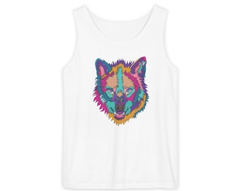 Colorful Neon Wolf Head Tank Top | Psychedelic Animal Tee