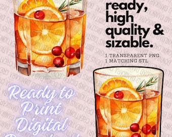May include: A watercolor illustration of a glass of whiskey with orange slices, cranberries, and a sprig of rosemary. The glass is on a pink background with the text "Ready to Print Digital Download" in white.