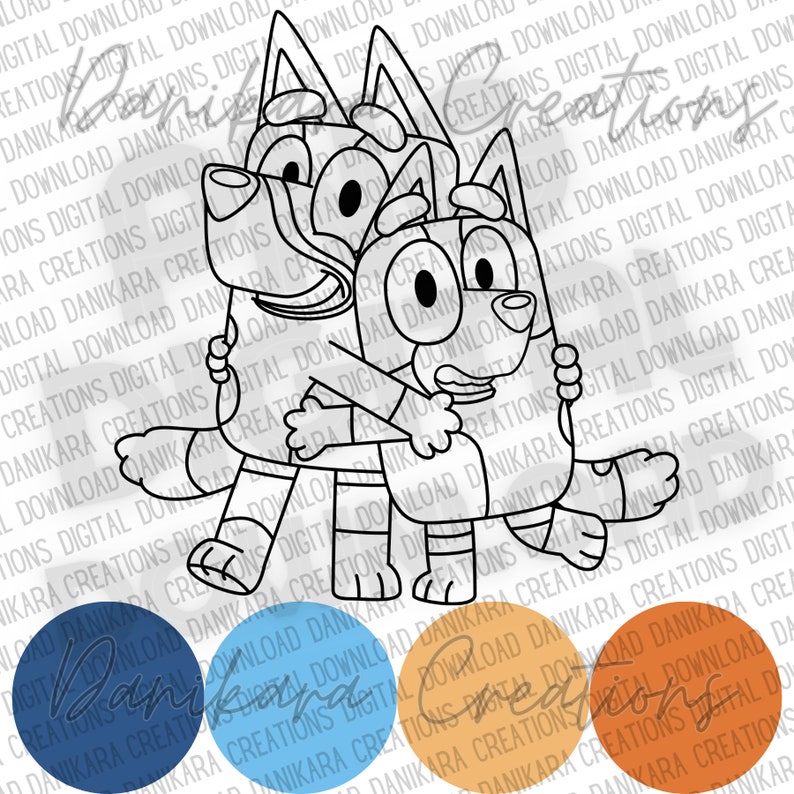 May include: A black and white line drawing of two cartoon dogs hugging. The dogs are both wearing striped shirts. The image is accompanied by three color swatches: blue, light blue, and orange.