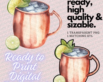 May include: Two watercolor illustrations of copper mugs with ice, lime wedges, and mint leaves. The text "Eddie ready, high quality & sizable." is above the mugs. The text "1 TRANSPARENT PNG 1 MATCHING STL" is below the mugs. The text "Ready to Print Digital Download" is below the left mug.