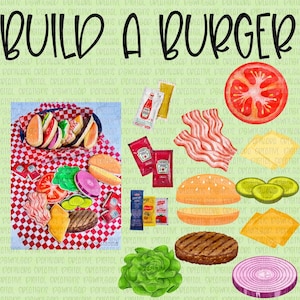 May include: A colorful illustration with the text "BUILD A BURGER" features various burger ingredients. These include a sliced tomato, bacon, cheese, pickles, lettuce, red onion, a burger patty, and burger buns. Also included are ketchup and mustard packets.