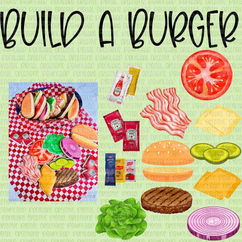 May include: A colorful illustration with the text "BUILD A BURGER" features various burger ingredients. These include a sliced tomato, bacon, cheese, pickles, lettuce, red onion, a burger patty, and burger buns. Also included are ketchup and mustard packets.