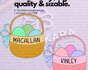 May include: Two Easter basket designs with eggs, bows, and text. One basket is tan with the name "Macallan", the other is pink with "Kinley". The image includes the text "Eddie ready, high quality & sizable."