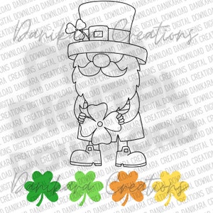 May include: A black and white line art illustration of a leprechaun holding a four-leaf clover. The leprechaun is wearing a hat with a buckle and a beard. There are four shamrocks in the bottom of the image, one green, one orange, one yellow, and one green.
