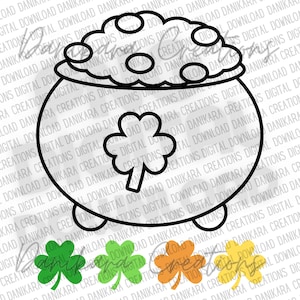May include: A black and white line drawing of a pot of gold with a shamrock. The pot is filled with gold coins and has a shamrock on the side. There are three shamrocks below the pot in green, yellow, and orange.