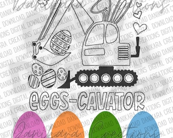 Op de afbeelding: Een zwart-witte illustratie van een graafmachine met konijnenoren, die een paasei vasthoudt. De tekst "EGGS-CAVATOR" staat onder de graafmachine. Vier kleurrijke paaseieren bevinden zich onderaan de afbeelding.