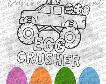 Op de afbeelding: Een zwart-witte lijntekening van een monstertruck met konijnenoren en paaseieren in de laadbak. De truck zegt "Egg Crusher". Er zijn vier lege paaseieren onder de truck in roze, oranje, groen en blauw.
