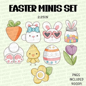 May include: A set of nine Easter-themed cookie cutters, each measuring 2.25 inches. The cutters include a carrot, a bunny with a bow, a bunny with sunglasses, a jar of candy, a bunny bottom, a chick, an Easter egg, a flower, and a tulip.